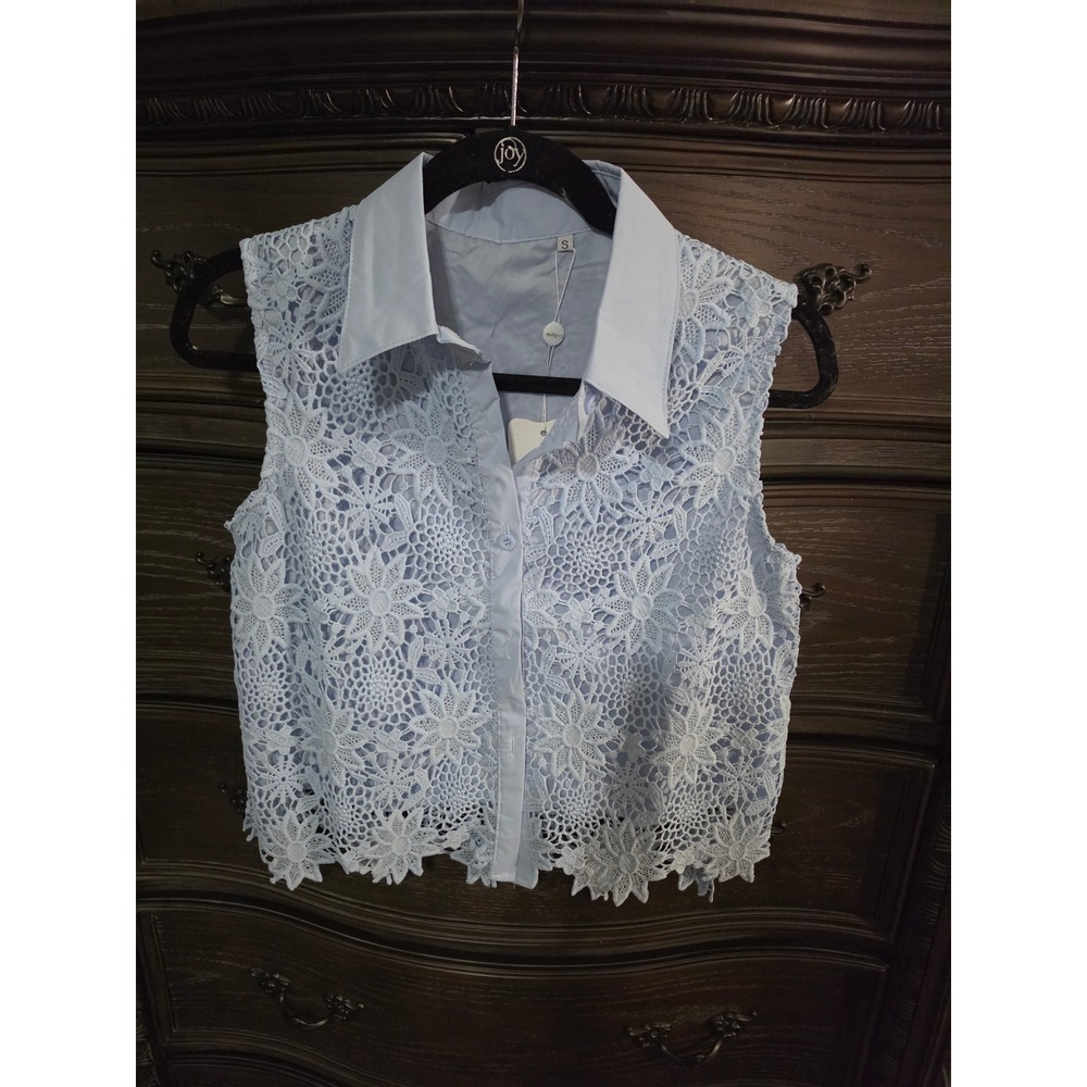 La Reyna Fancy Fashion Light Blue Floral Lace Sleeveless Button Up Top 336# S